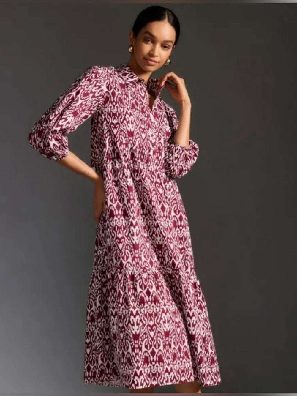 Anthropologie Maeve Bettina Tiered Shirt Dress XS Burgundy Ikat Cotton